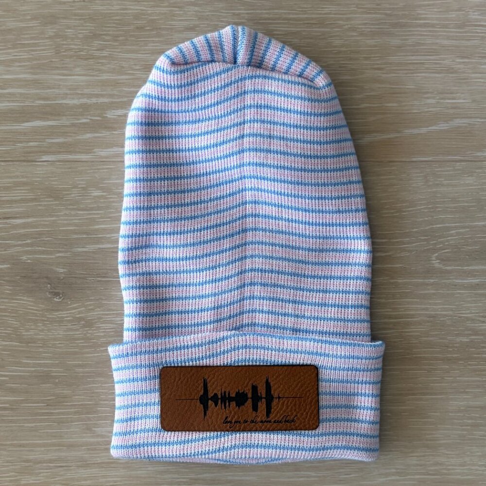 NEW Love You To The Moon Cotton Baby Beanie Newborn Blue Pink Stripe Minimalist